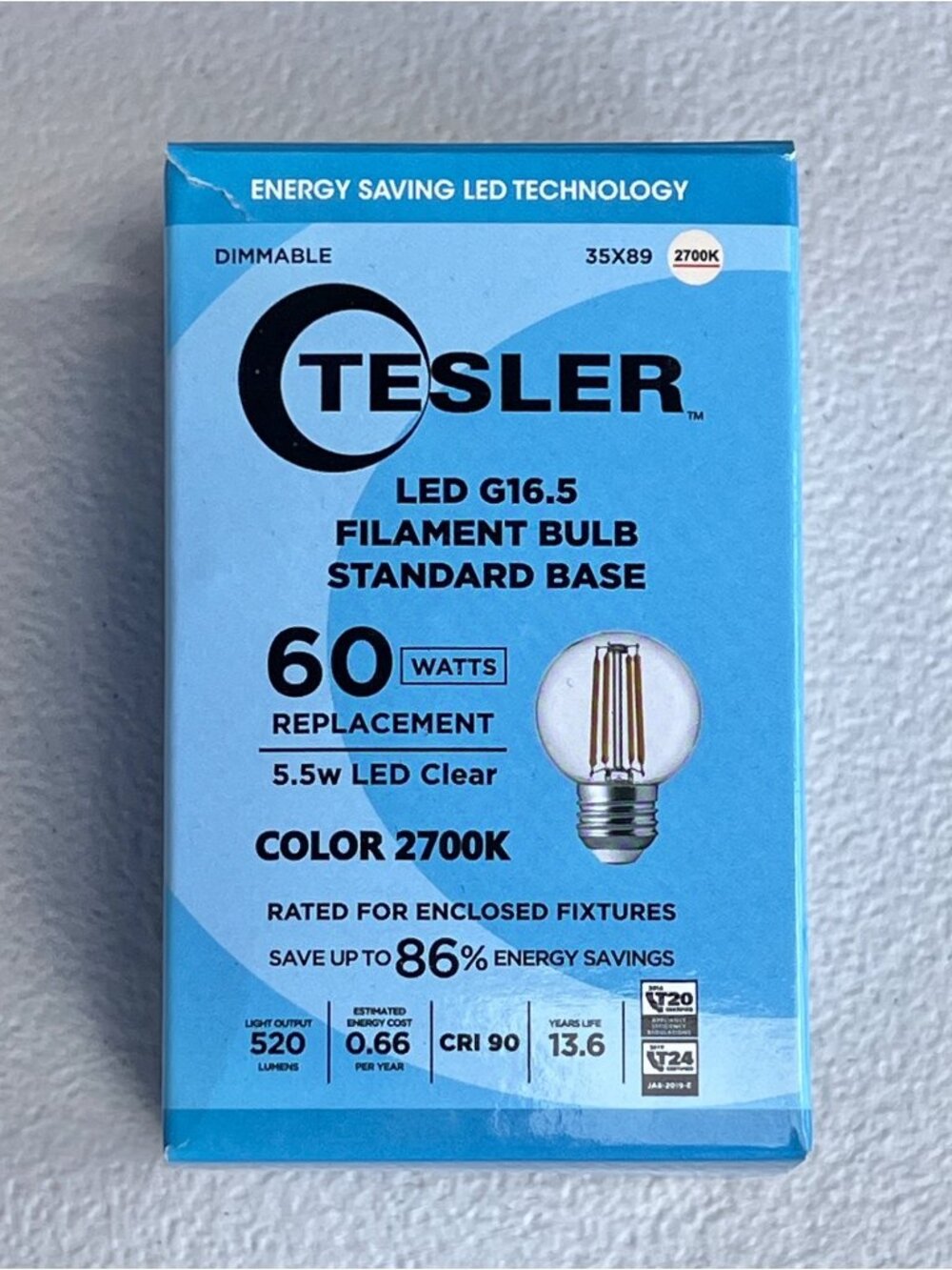 Tesler LED G16.5 Filament Bulb 60W Replacement 5.5W Standard Base 2700K Dims